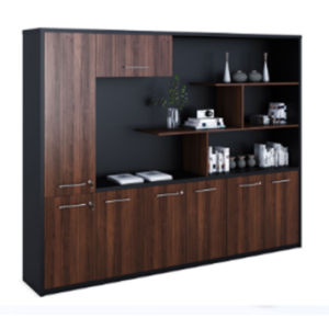 Denzel Wall Unit 2700x450x2100, 6-Hinge Door Base Unit, Hinge Door Cupboard with Top Door, and Open Shelving Unit in Mahogany Veneer